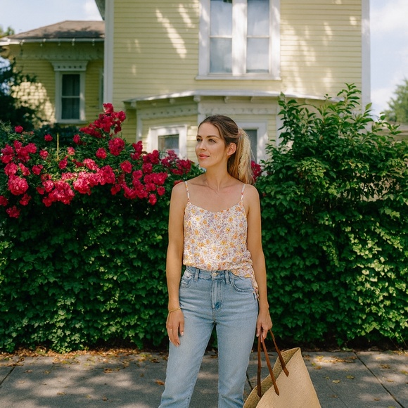 Pink Rose Floral Print Side Tie Ruched Camisole Top Multicolor Size L - Picture 13 of 13